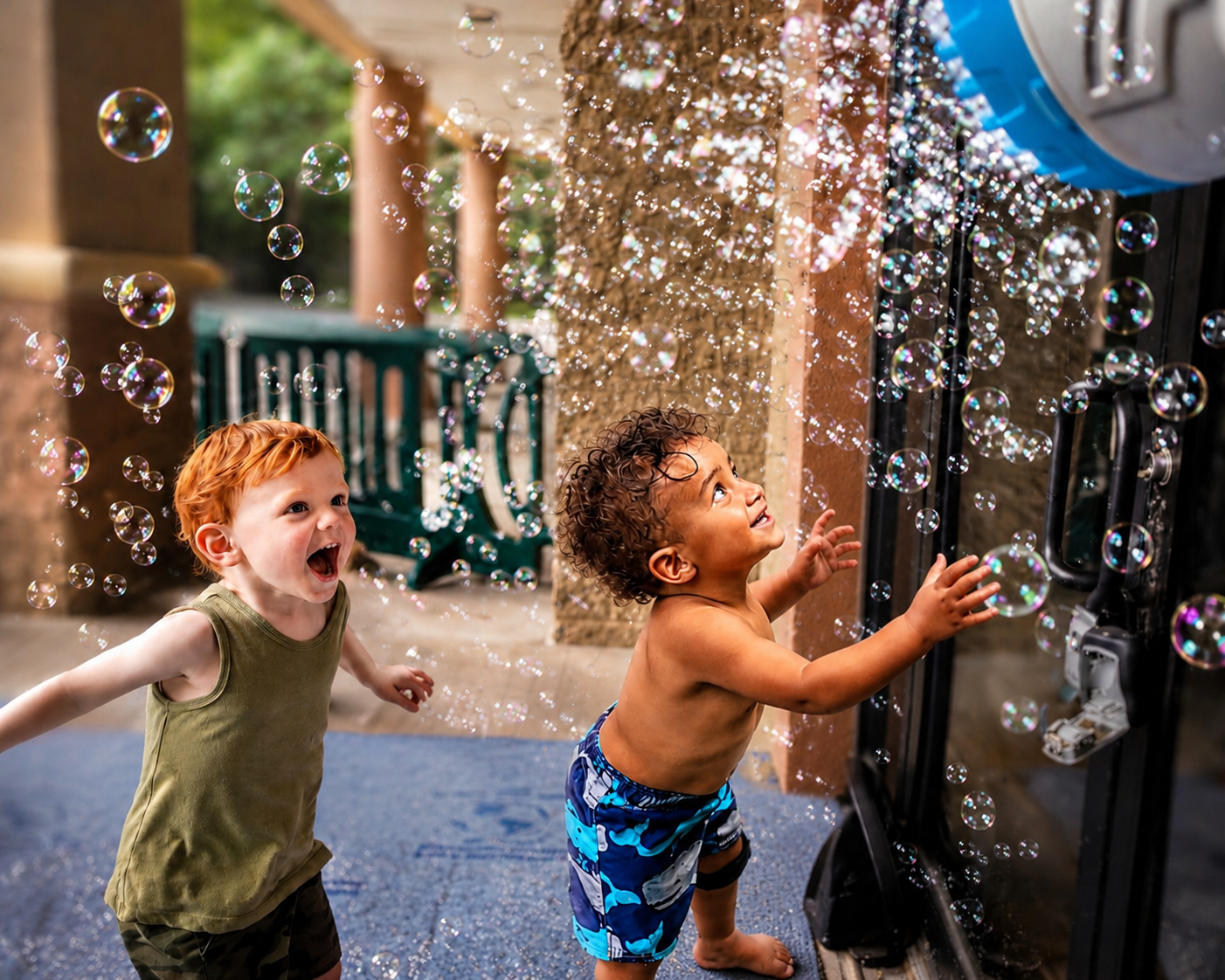Two young children laughing and reaching for bubbles from a bubble machine