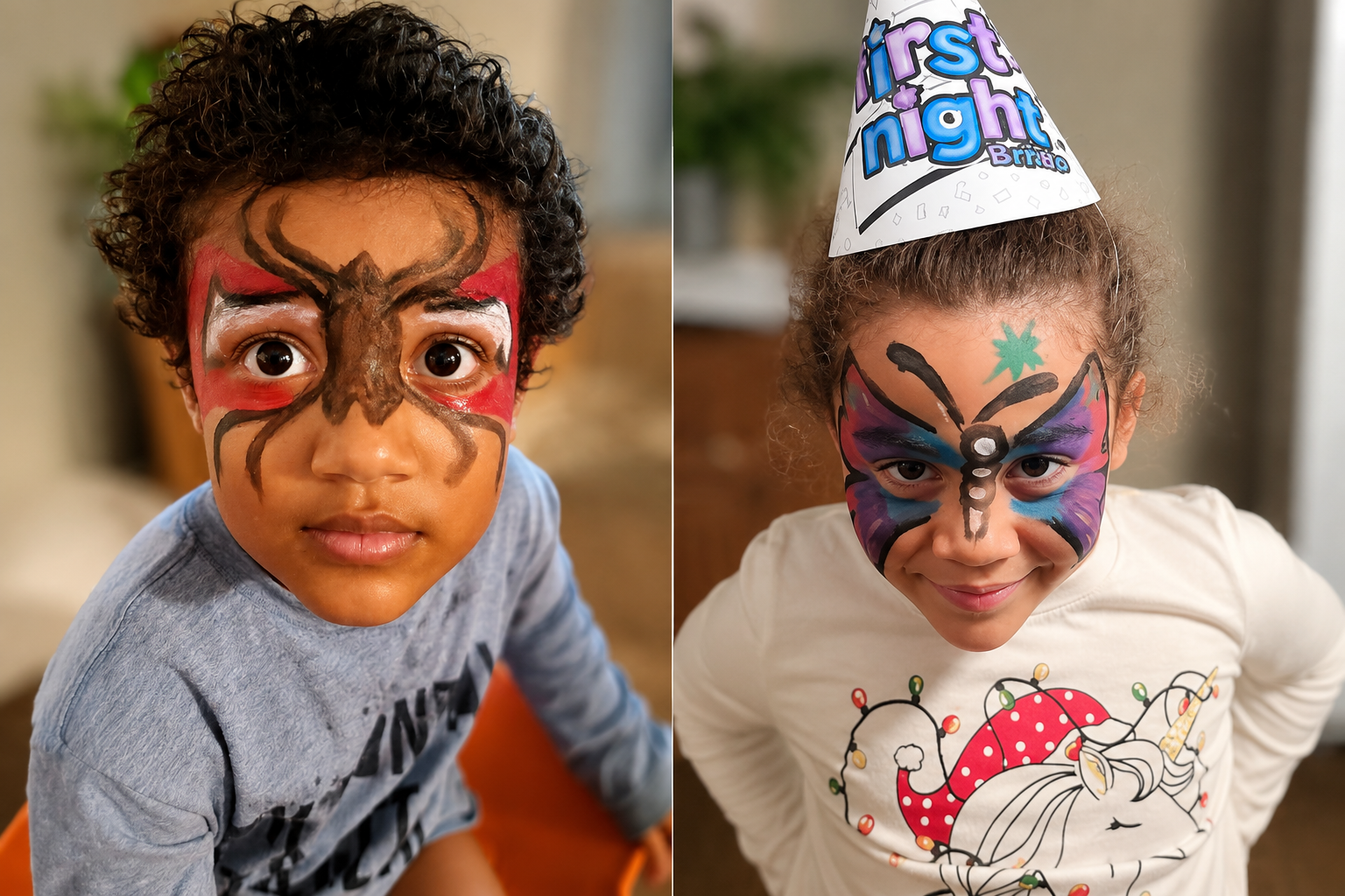 Two children with colorful face painting designs at a party